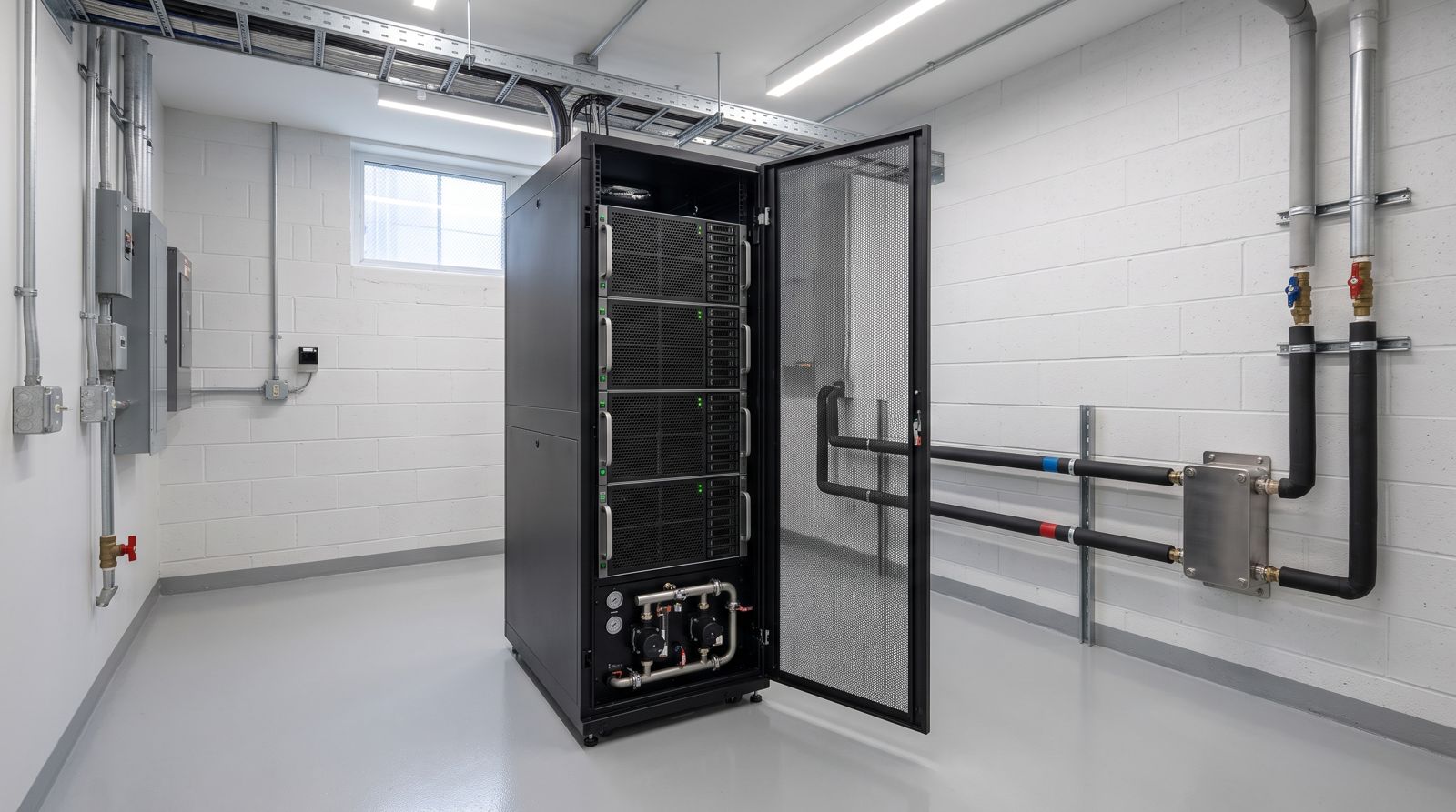 Illustrative render of a liquid-cooled server rack with four 8-GPU servers and a coolant unit, piped to a heat exchanger that feeds the building heating.